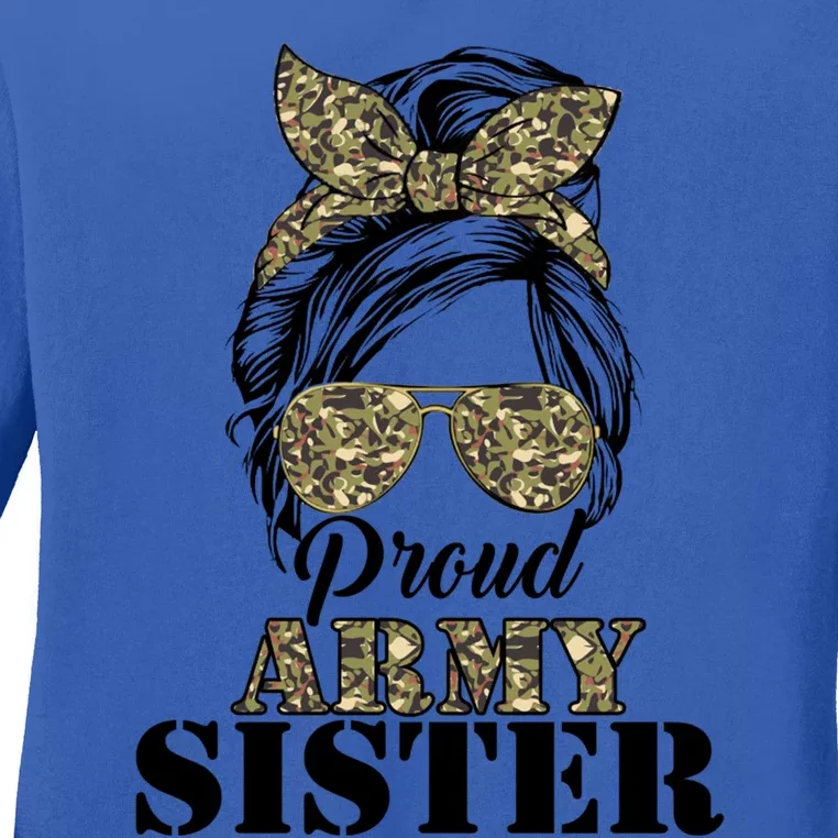 Proud Army Sister Camouflage Messy Bun Soldier MotherS Day Meaningful Gift Ladies Long Sleeve Shirt