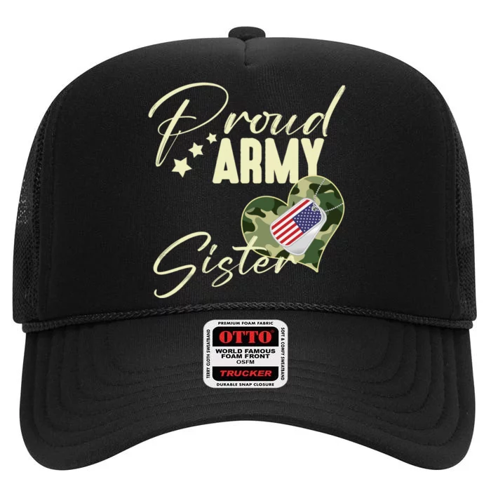 Proud Army Sister Camouflage Dog Tag Usa American Flag High Crown Mesh Trucker Hat