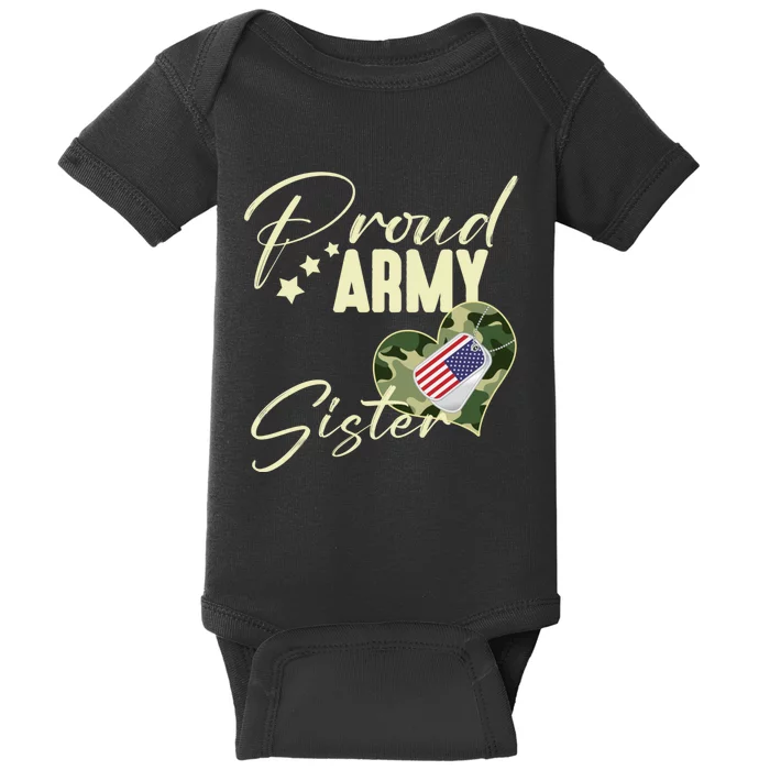 Proud Army Sister Camouflage Dog Tag Usa American Flag Baby Bodysuit