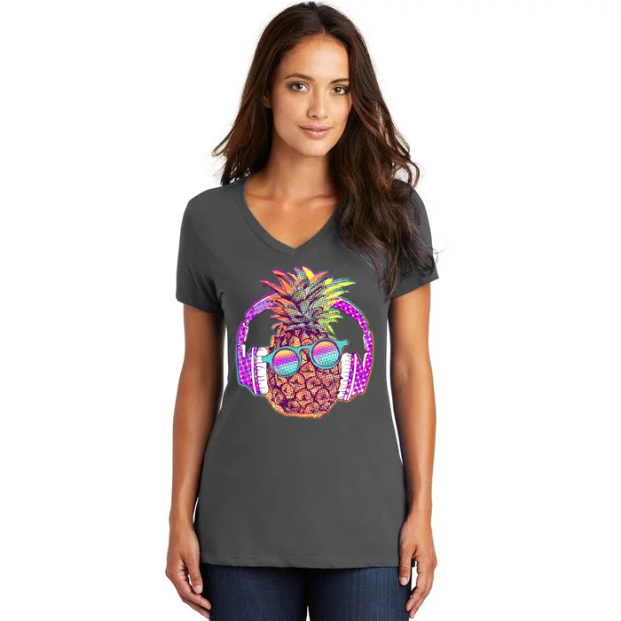 Pop Art Summer Time Headphones Pineapple Women's V-Neck T-Shirt