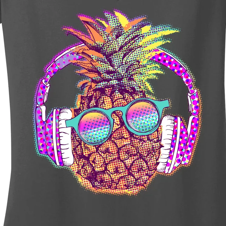 Pop Art Summer Time Headphones Pineapple Women's V-Neck T-Shirt