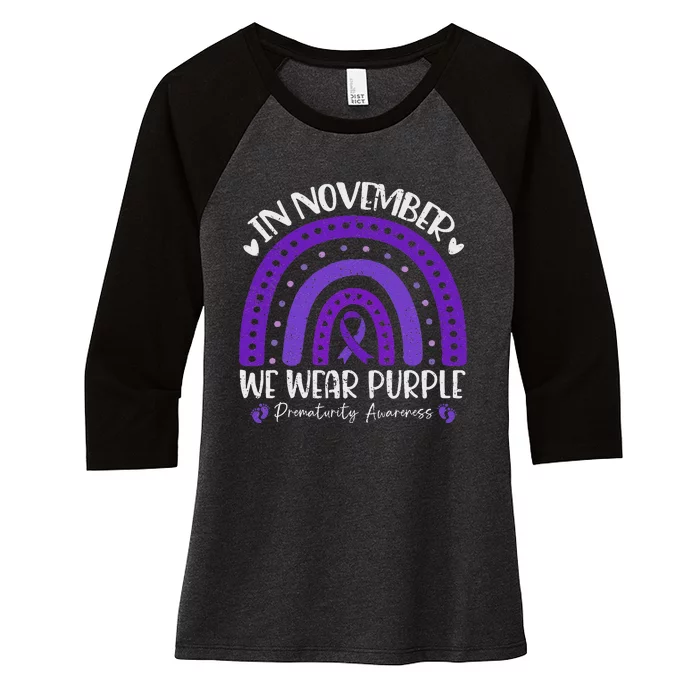 Prematurity Awareness Support In November We Wear Purple Women's Tri-Blend 3/4-Sleeve Raglan Shirt