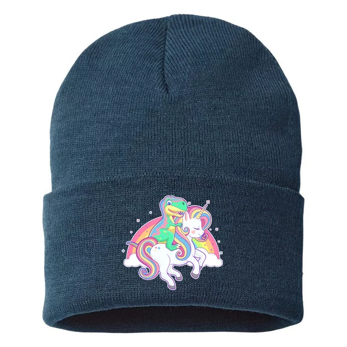 Pastel T-Rex Riding Magical Unicorn Funny Cute Sustainable Knit Beanie