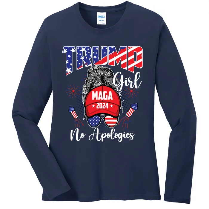 Patriotic American Trump Girl No Apologies For Women Ladies Long Sleeve Shirt