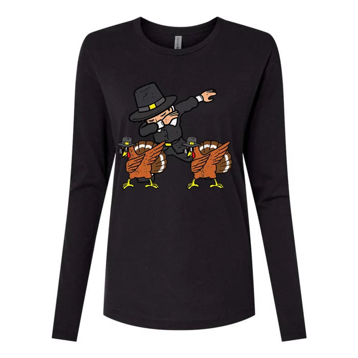 Pilgrim And Turkey Dab Thanksgiving Dance Womens Cotton Relaxed Long Sleeve T-Shirt