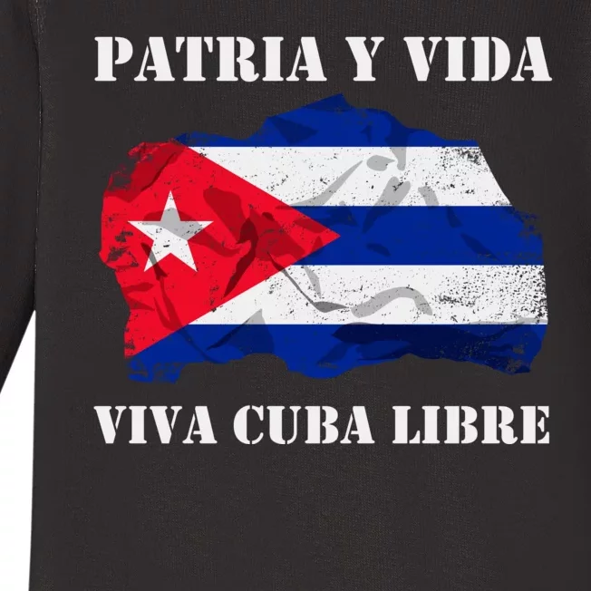 Patria Y Vida Viva Cuba Libre Distressed Cuban Flag Baby Long Sleeve Bodysuit