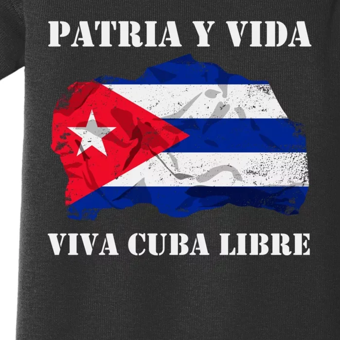 Patria Y Vida Viva Cuba Libre Distressed Cuban Flag Baby Bodysuit