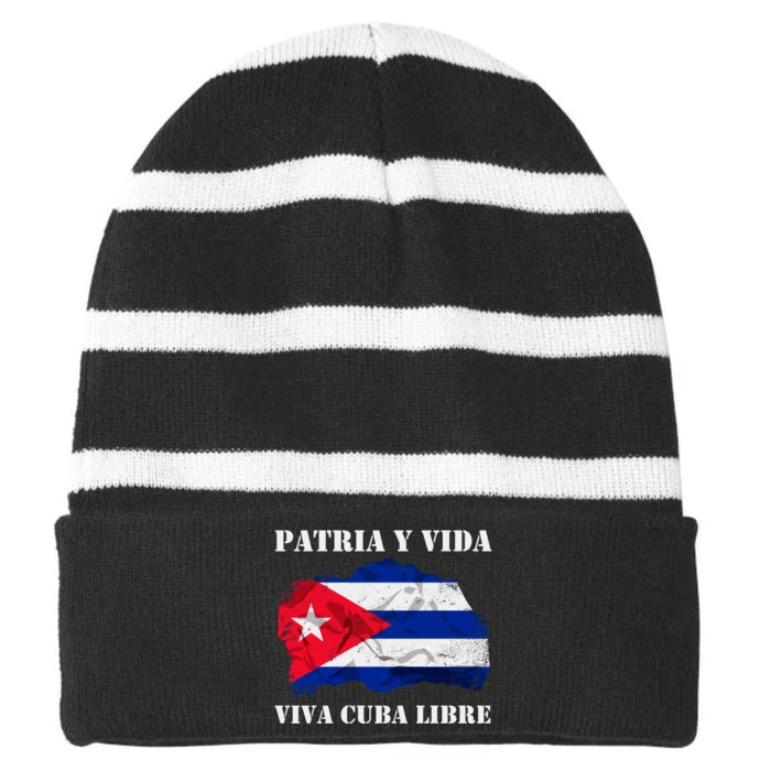 Patria Y Vida Viva Cuba Libre Distressed Cuban Flag Striped Beanie with Solid Band