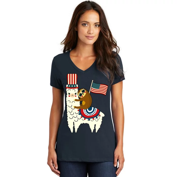 Patriot Sloth Llama Women's V-Neck T-Shirt