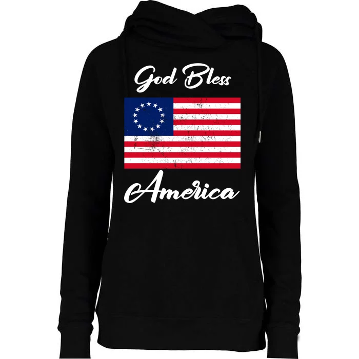 Patriotic Betsy Ross Flag God Bless America Womens Funnel Neck Pullover Hood