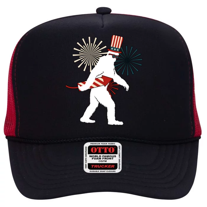 Patriotic Bigfoot Fireworks 4th of July High Crown Mesh Trucker Hat