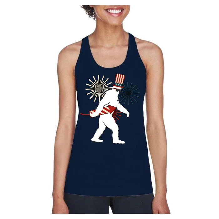 Patriotic Bigfoot Fireworks 4th of July Women's Racerback Tank