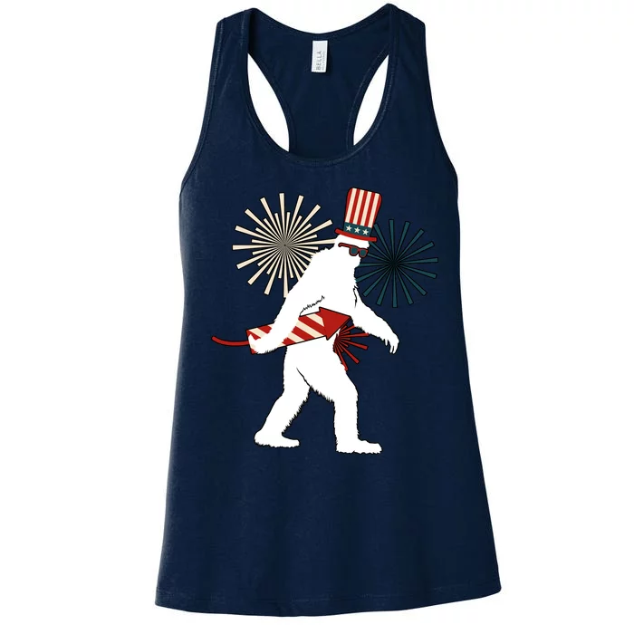 Patriotic Bigfoot Fireworks 4th of July Women's Racerback Tank