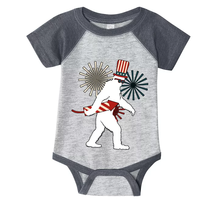 Patriotic Bigfoot Fireworks 4th of July Infant Baby Jersey Bodysuit