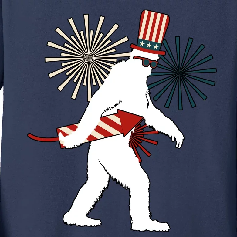 Patriotic Bigfoot Fireworks 4th of July Kids Long Sleeve Shirt