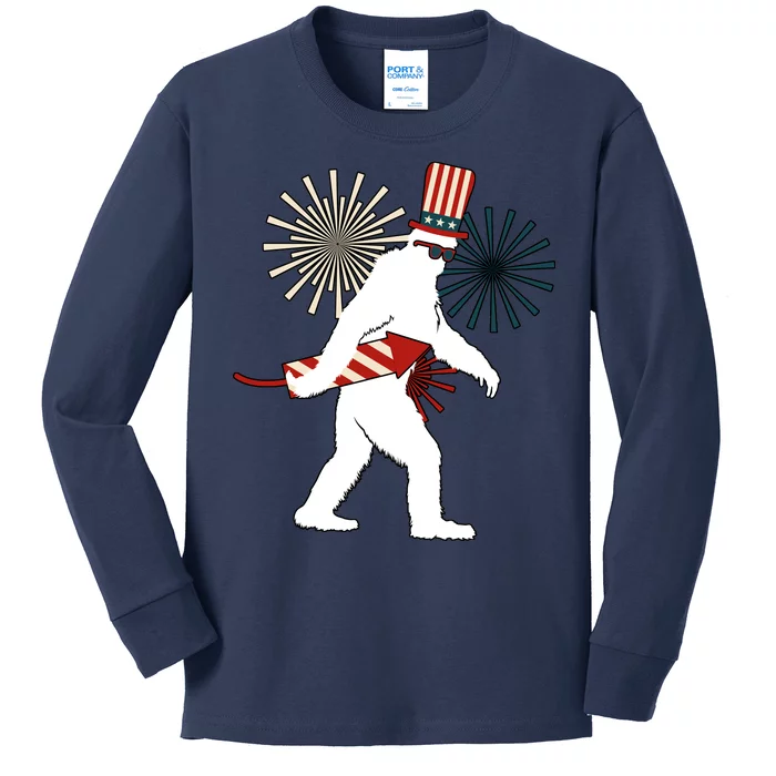 Patriotic Bigfoot Fireworks 4th of July Kids Long Sleeve Shirt