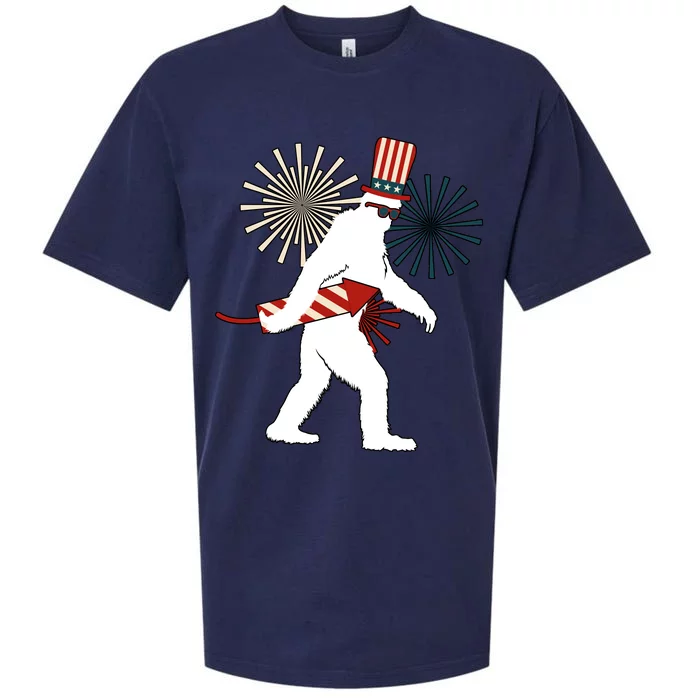 Patriotic Bigfoot Fireworks 4th of July Sueded Cloud Jersey T-Shirt