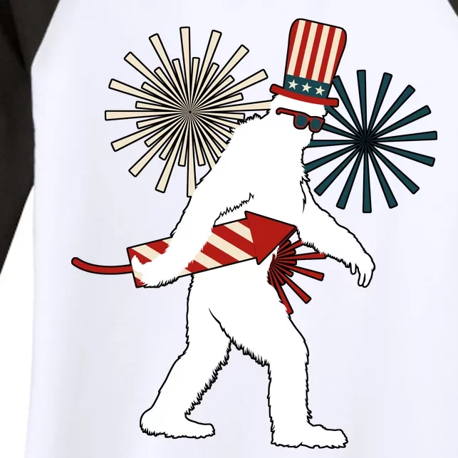 Patriotic Bigfoot Fireworks 4th of July Women's Tri-Blend 3/4-Sleeve Raglan Shirt