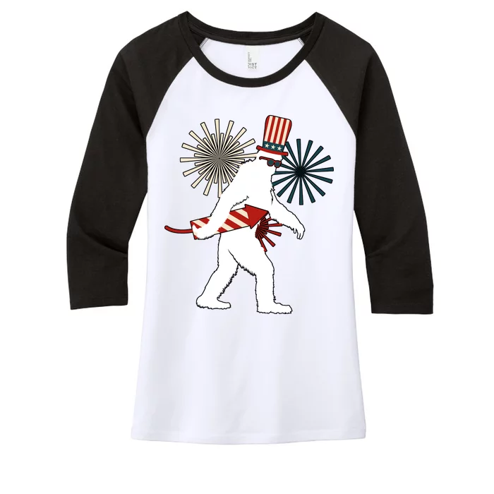 Patriotic Bigfoot Fireworks 4th of July Women's Tri-Blend 3/4-Sleeve Raglan Shirt