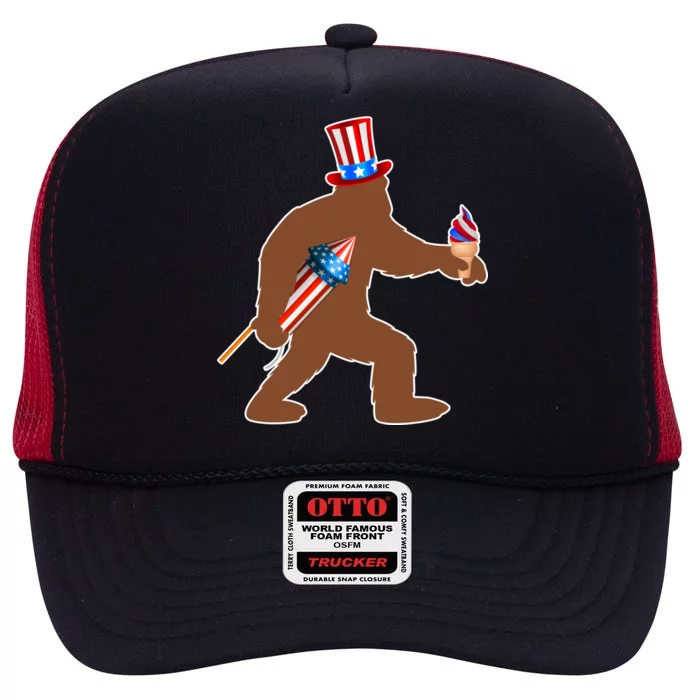 Patriotic Bigfoot Fireworks USA High Crown Mesh Trucker Hat