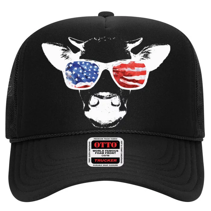 Patriotic Cow USA Flag Sunglasses High Crown Mesh Trucker Hat