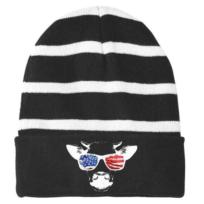 Patriotic Cow USA Flag Sunglasses Striped Beanie with Solid Band