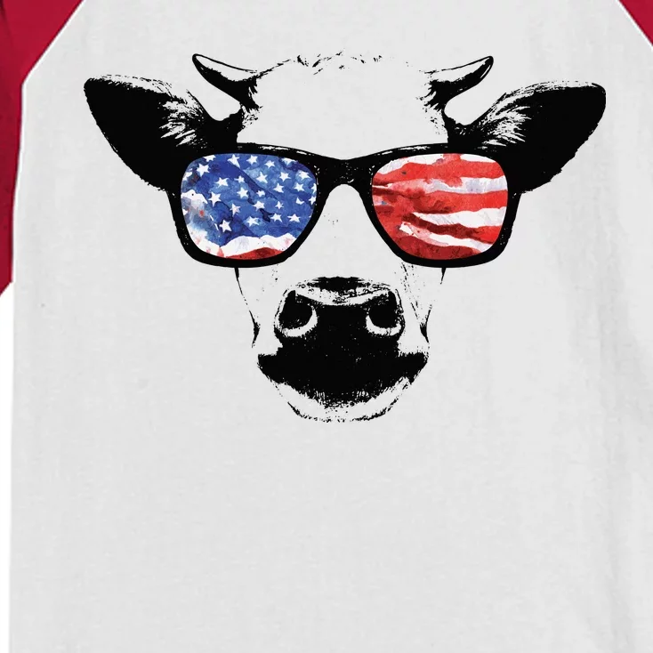 Patriotic Cow USA Flag Sunglasses Kids Colorblock Raglan Jersey