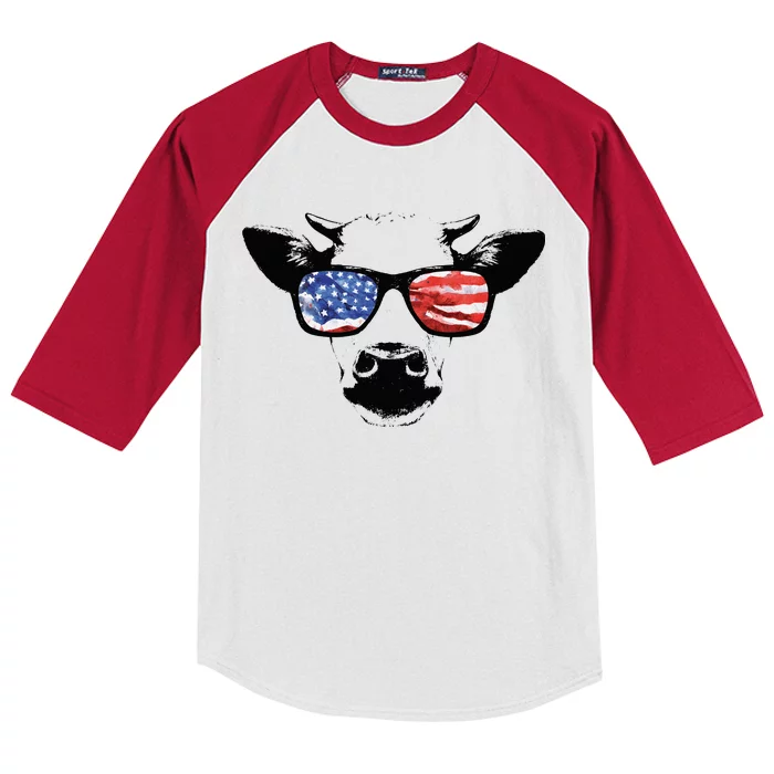 Patriotic Cow USA Flag Sunglasses Kids Colorblock Raglan Jersey