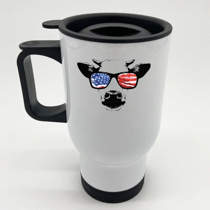 Patriotic Cow USA Flag Sunglasses Front & Back Stainless Steel Travel Mug