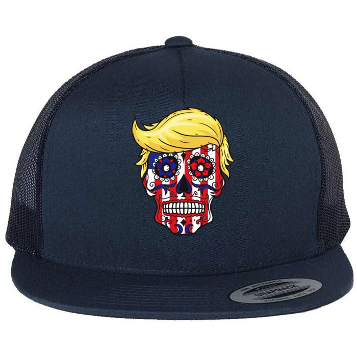 Patriotic Donald Trump Sugar Skull Flat Bill Trucker Hat