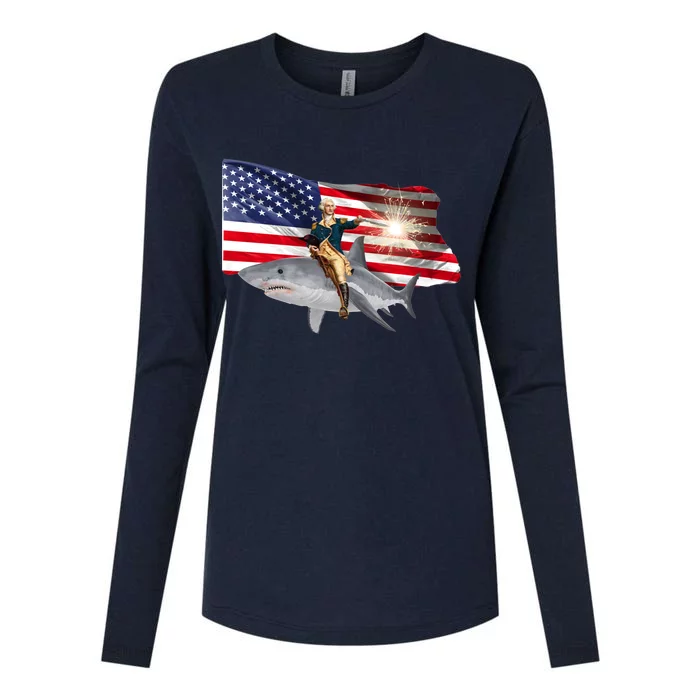 Patriotic George Washington On A Shark Womens Cotton Relaxed Long Sleeve T-Shirt