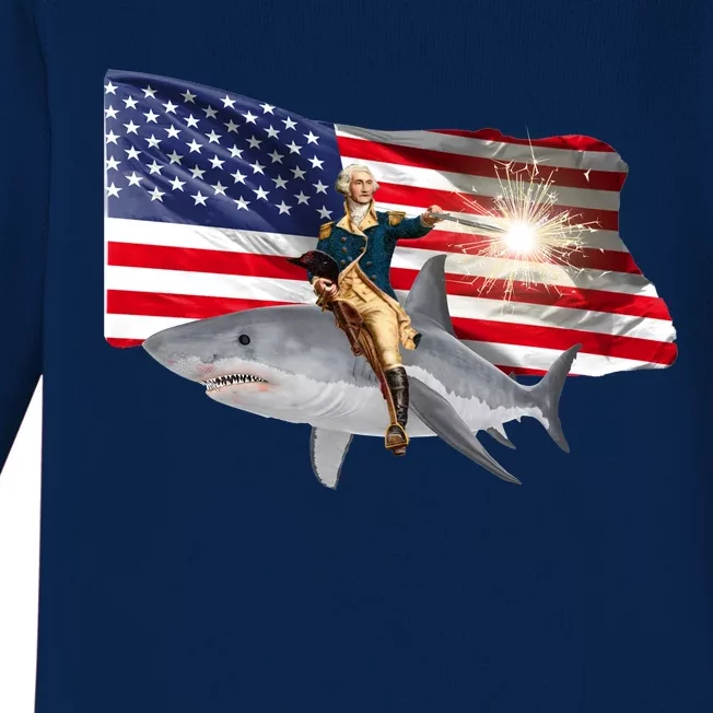 Patriotic George Washington On A Shark Baby Long Sleeve Bodysuit