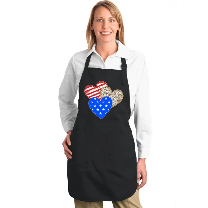 Patriotic Leopard Print Stars And Stripes Hearts Full-Length Apron With Pocket