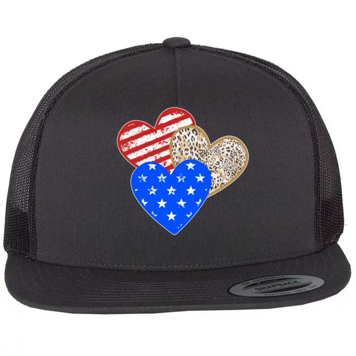 Patriotic Leopard Print Stars And Stripes Hearts Flat Bill Trucker Hat