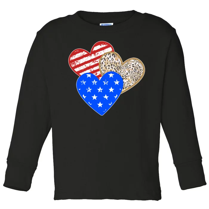 Patriotic Leopard Print Stars And Stripes Hearts Toddler Long Sleeve Shirt