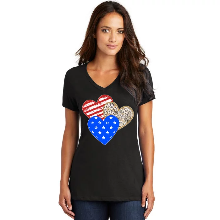 Patriotic Leopard Print Stars And Stripes Hearts Women's V-Neck T-Shirt