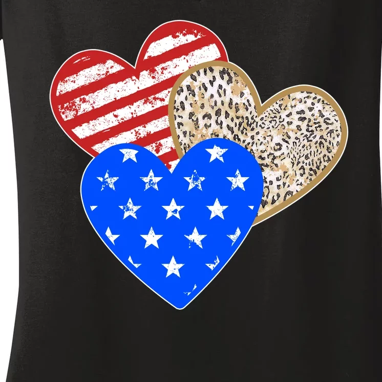 Patriotic Leopard Print Stars And Stripes Hearts Women's V-Neck T-Shirt