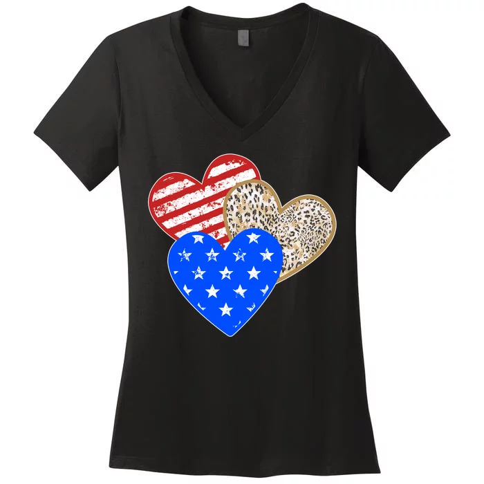 Patriotic Leopard Print Stars And Stripes Hearts Women's V-Neck T-Shirt