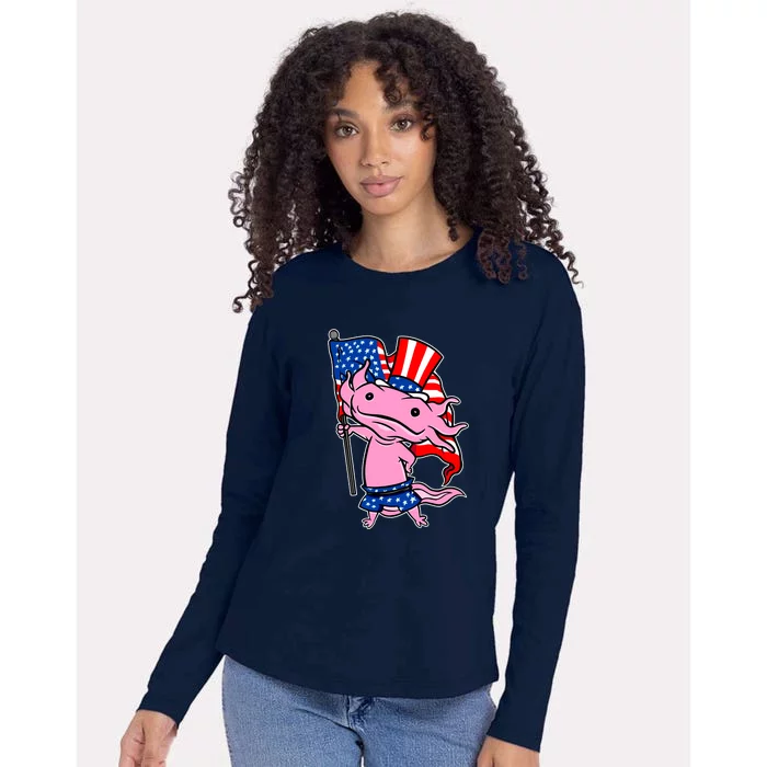 Patriotic Axolotl USA Flag Funny 4th Of July United States Womens Cotton Relaxed Long Sleeve T-Shirt