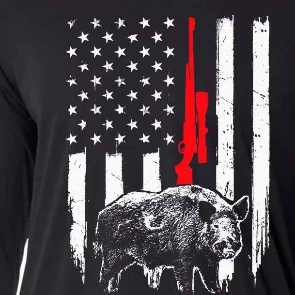 Patriotic American USA Flag Boar Hunting Wild Hog Hunter Cooling Performance Long Sleeve Crew