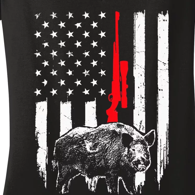 Patriotic American USA Flag Boar Hunting Wild Hog Hunter Women's V-Neck T-Shirt