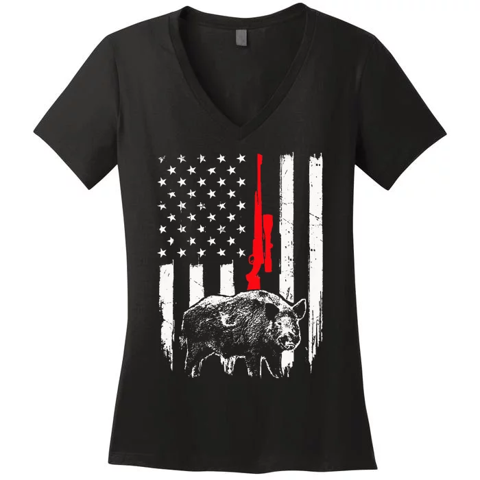 Patriotic American USA Flag Boar Hunting Wild Hog Hunter Women's V-Neck T-Shirt