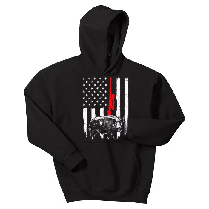 Patriotic American USA Flag Boar Hunting Wild Hog Hunter Kids Hoodie