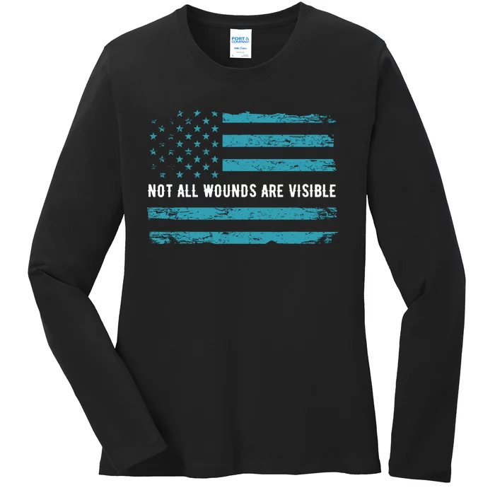 Ptsd Awareness Us Flag In Teal Color T Warrior Gift Ladies Long Sleeve Shirt