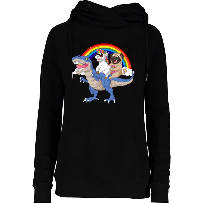 Pug And Unicorn Riding Dinosaur Womens Funnel Neck Pullover Hood