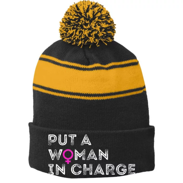 Put A Woman In Charge Stripe Pom Pom Beanie