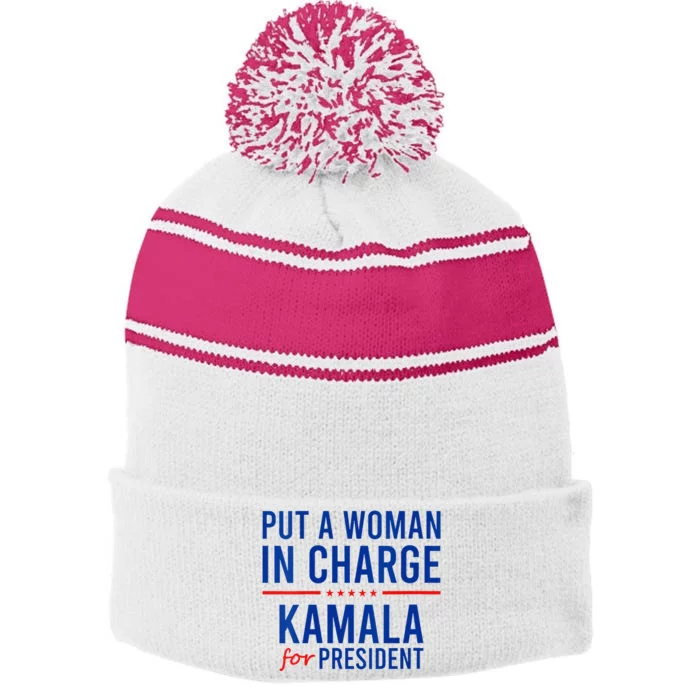 Put A Woman In Charge Kamala Harris Democrat Political Stripe Pom Pom Beanie