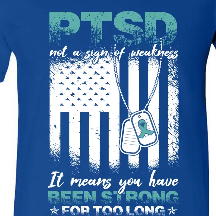 Ptsd Awareness Warrior Teal Ribbon Ptsd Cute Gift V-Neck T-Shirt