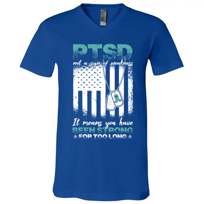 Ptsd Awareness Warrior Teal Ribbon Ptsd Cute Gift V-Neck T-Shirt