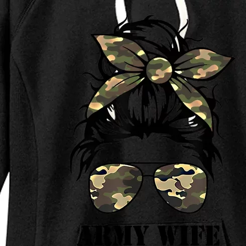 Proud Army Wife Messy Bun Camo Flag Spouse Military Pride Gift Women's Fleece Hoodie